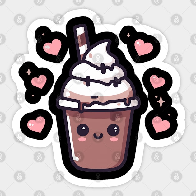 Kawaii Chocolate Ice Cream Milkshake with Hearts | Design for Kawaii Food Lovers Sticker by Nora Liak